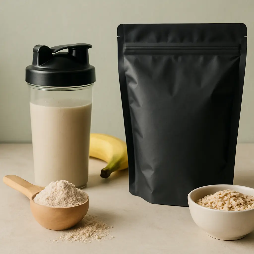 Protein shake in a bottle, a black sealed pouch, a scoop of protein powder, a banana, and a bowl of oats, ideal for fitness, supplements, and healthy eating.