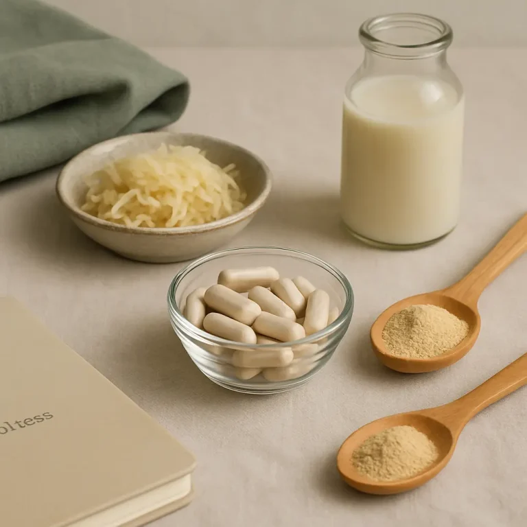 Glass bowl of supplement capsules, a jar of milk, powdered supplements in wooden spoons, and a dish of fermented food on a light tablecloth, emphasizing wellness and healthy eating.