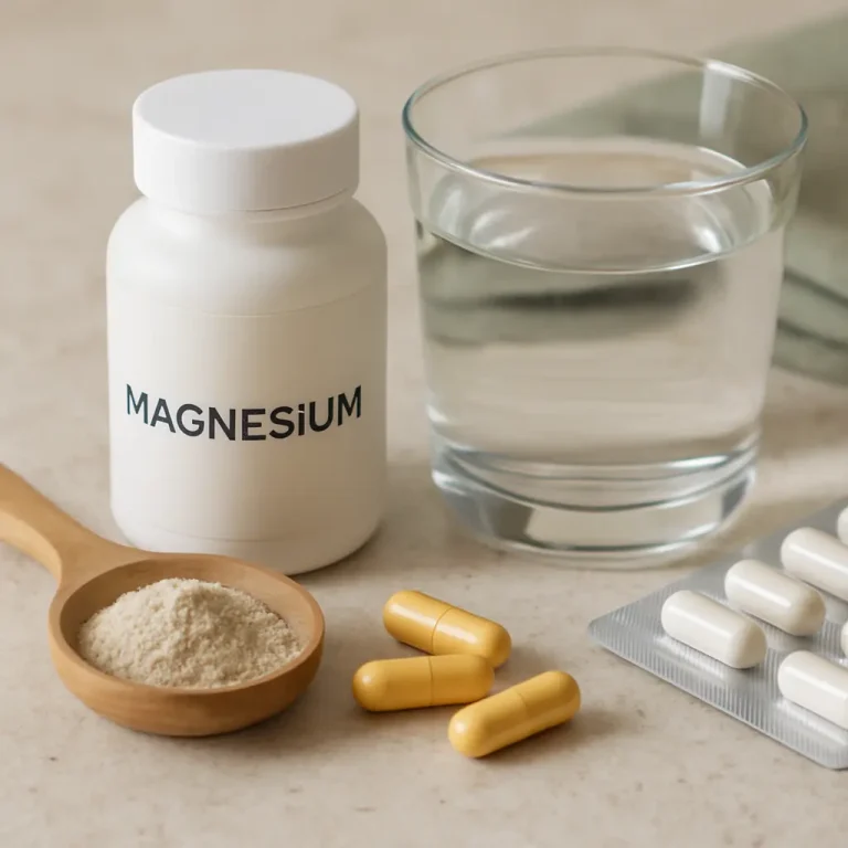 Magnesium supplement bottle alongside capsules, a wooden spoon of powder, and a glass of water, emphasizing wellness and fitness.