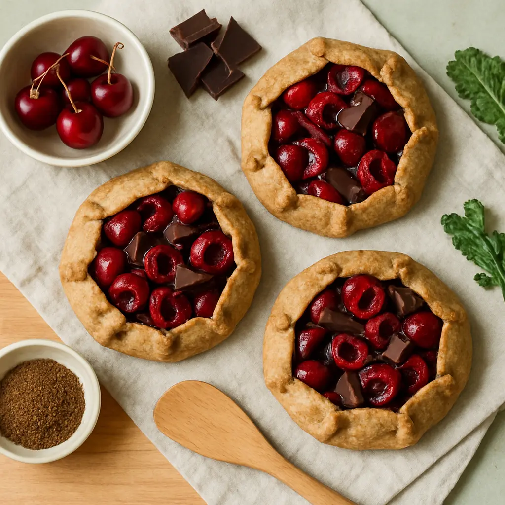 Three cherry and chocolate galettes on a cloth, with fresh cherries, dark chocolate pieces, and a small bowl of sugar nearby, styled to emphasize healthy eating and wellness.