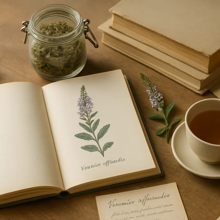 Herbal tea in a cup by an open botanical book illustrating a plant, with a jar of dried herbs nearby, promoting natural wellness and healthy living through herbal supplements.