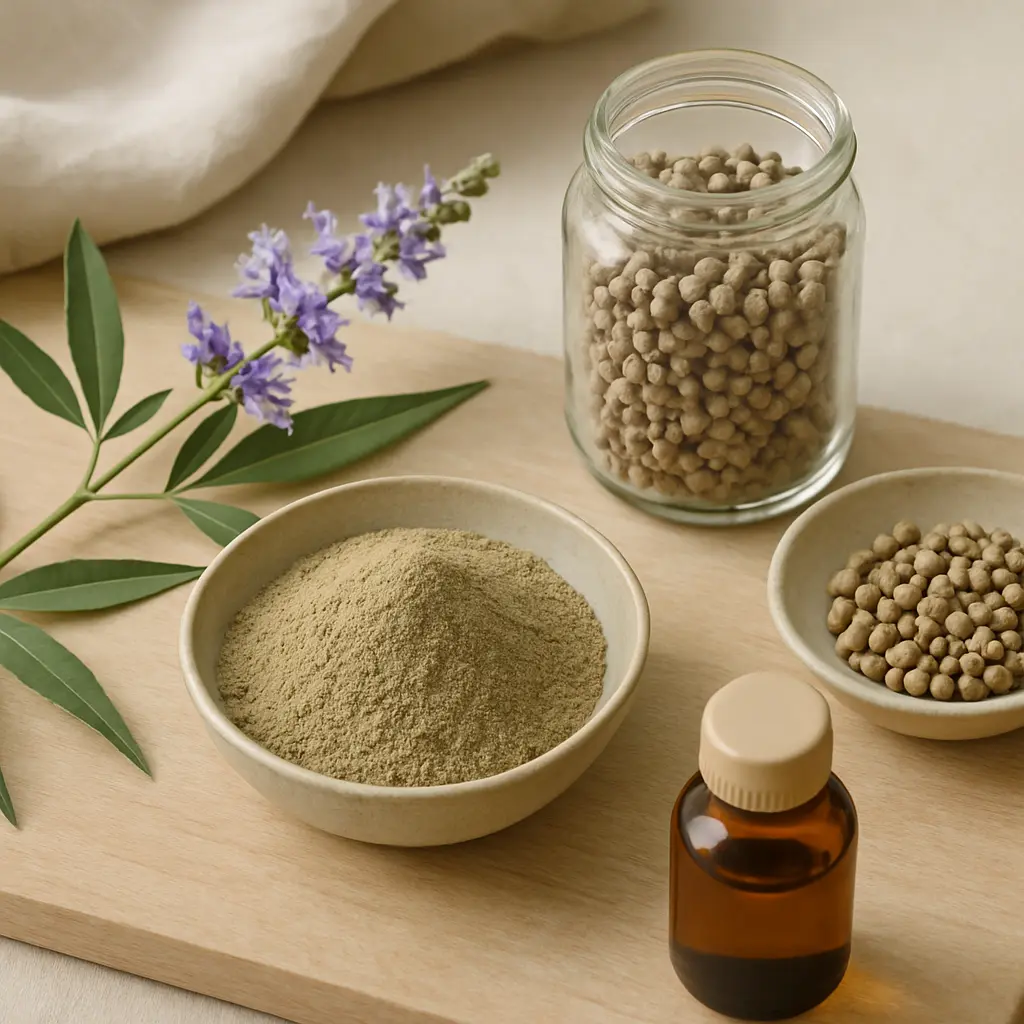 Assorted herbal supplements including a jar of dried berries, a bowl of powder, and a small vial of liquid next to a flowering plant, promoting wellness and healthy eating.