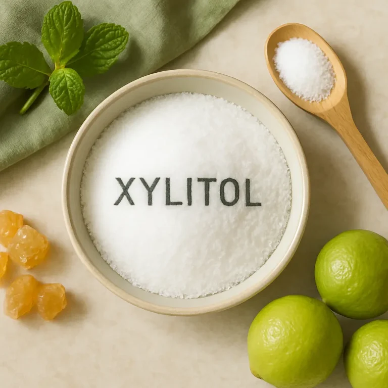 Xylitol sugar substitute in a bowl with limes and mint leaves, emphasizes healthy eating and wellness.