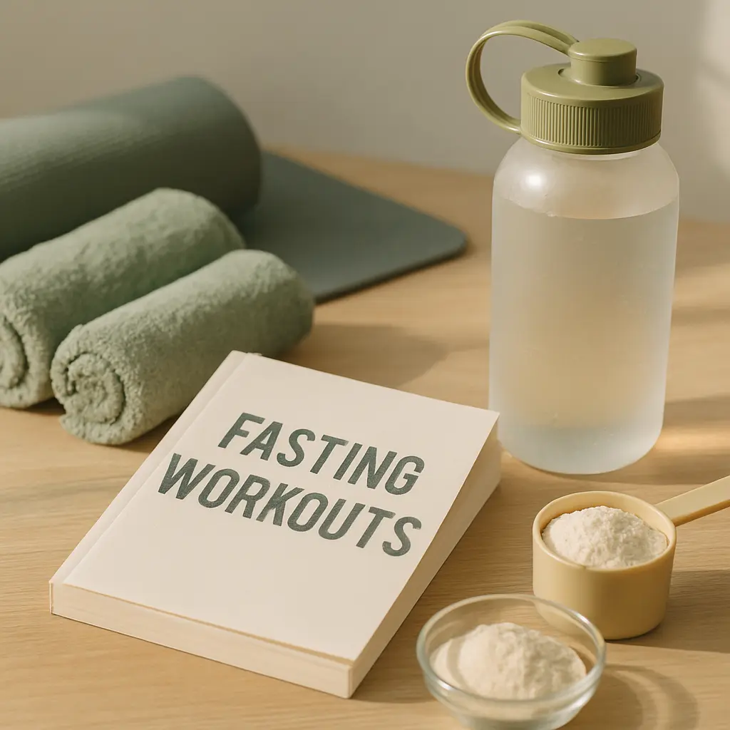 A fitness-themed setup featuring a book titled 'Fasting Workouts,' a water bottle, rolled towels, and protein powder supplements on a wooden surface, emphasizing wellness and healthy eating.