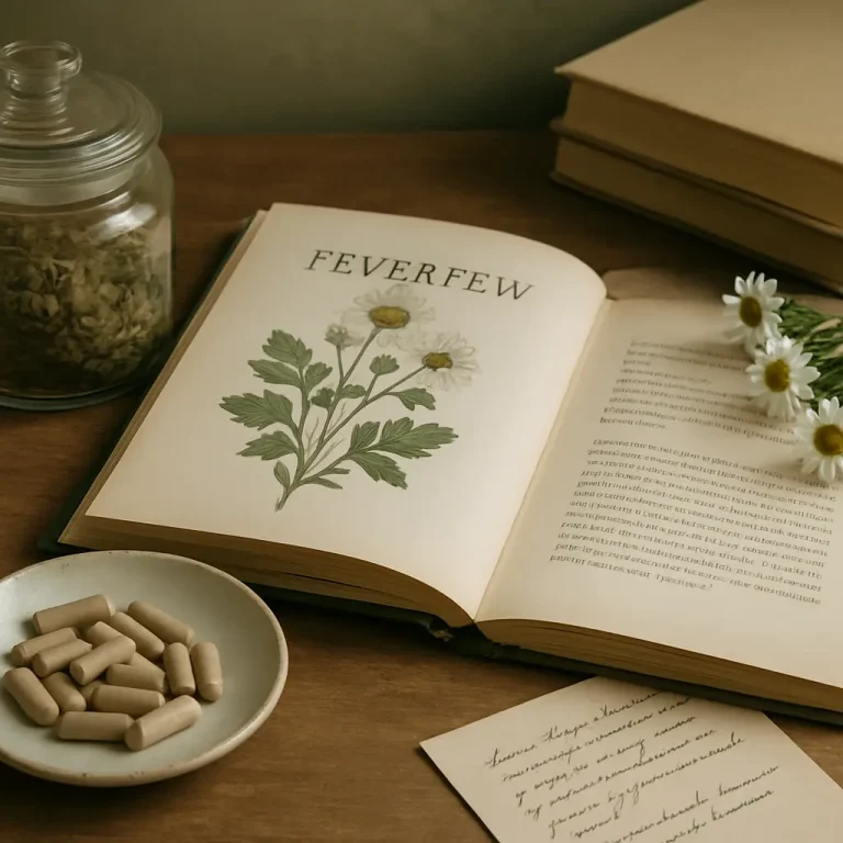 Open book with herbal illustration labeled 'Feverfew' beside a plate of capsules, a jar of herbs, and daisies, highlighting natural supplements and wellness; keywords: vitamins, herbal remedies, healthy eating.