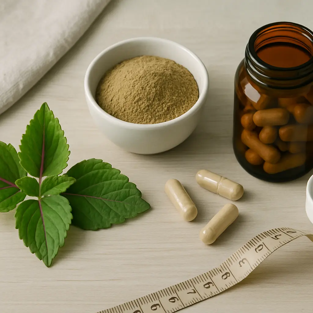 Herbal supplements and powders for wellness, featuring a bowl of powder, green leaves, capsules, a brown bottle with pills, and a measuring tape on a wooden surface.