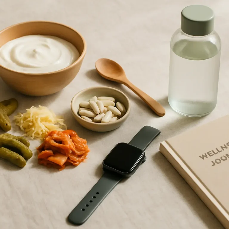 A flat lay featuring a wellness setup with a bowl of yogurt, small plate of white supplements, pickles, kimchi, sauerkraut, a bottle of water, a smartwatch, and a wellness journal, emphasizing health, vitamins, and fitness.