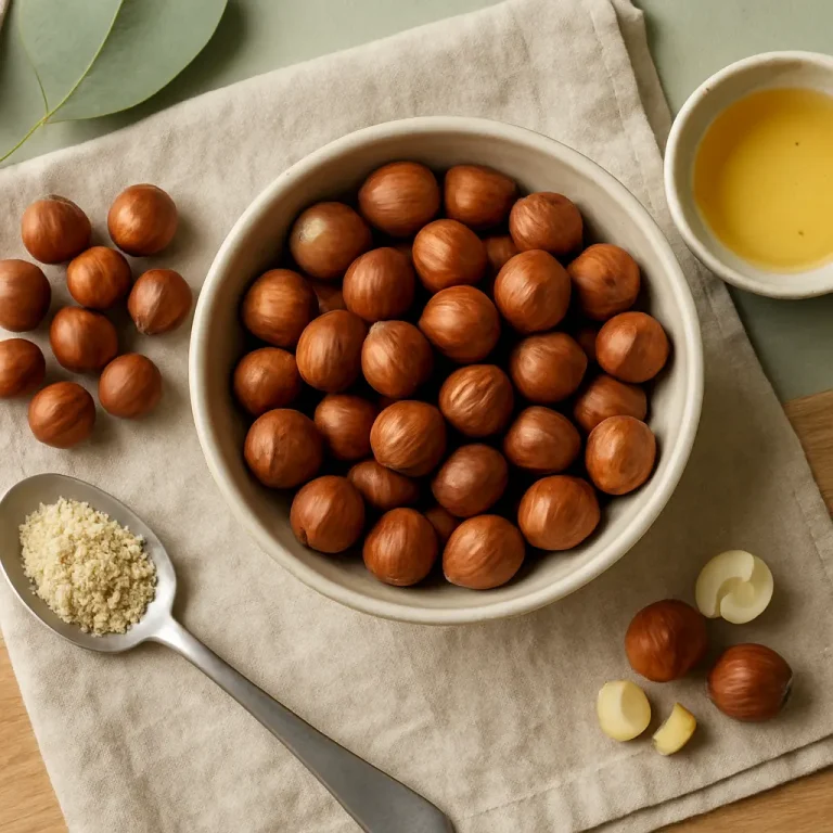 Bowl of hazelnuts with a spoonful of ground nuts and a small dish of oil, ideal for healthy eating, wellness, and vitamin-rich snacking.