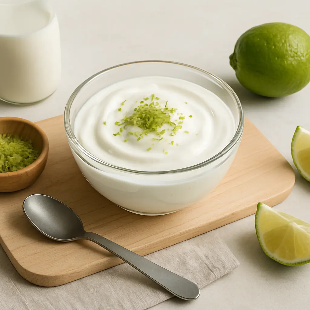 A bowl of creamy yogurt topped with fresh lime zest, placed on a wooden board with a metal spoon nearby, surrounded by whole and sliced limes, highlighting themes of vitamins, wellness, and healthy eating.