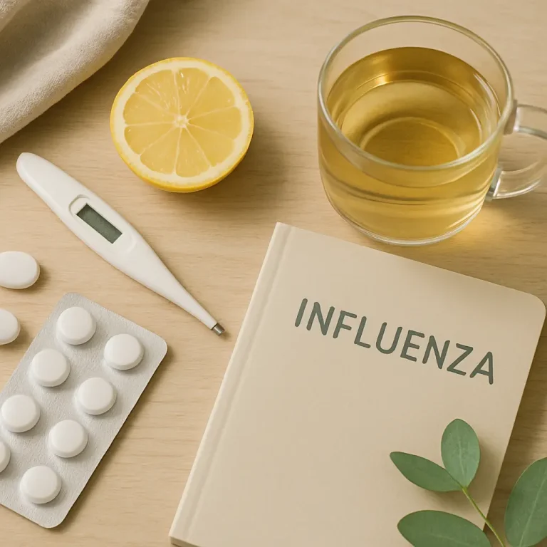 Healthy lifestyle concept with lemon, herbal tea, thermometer, and supplements next to an influenza guidebook, emphasizing wellness, vitamins, and natural remedies.