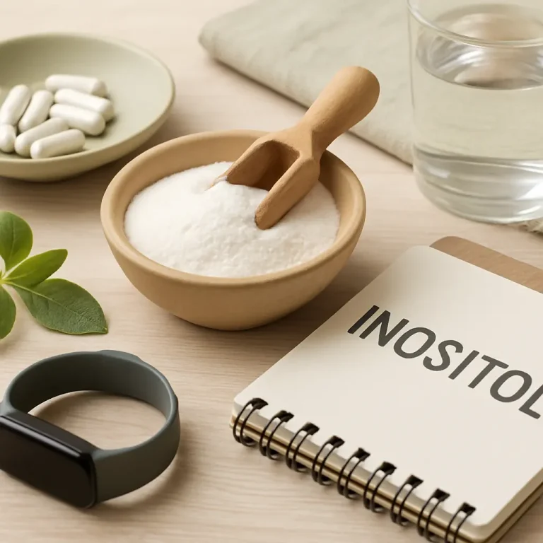Inositol powder in a wooden bowl with a scoop, next to capsules, a fitness tracker, and a glass of water, symbolizing supplements, wellness, and healthy eating.
