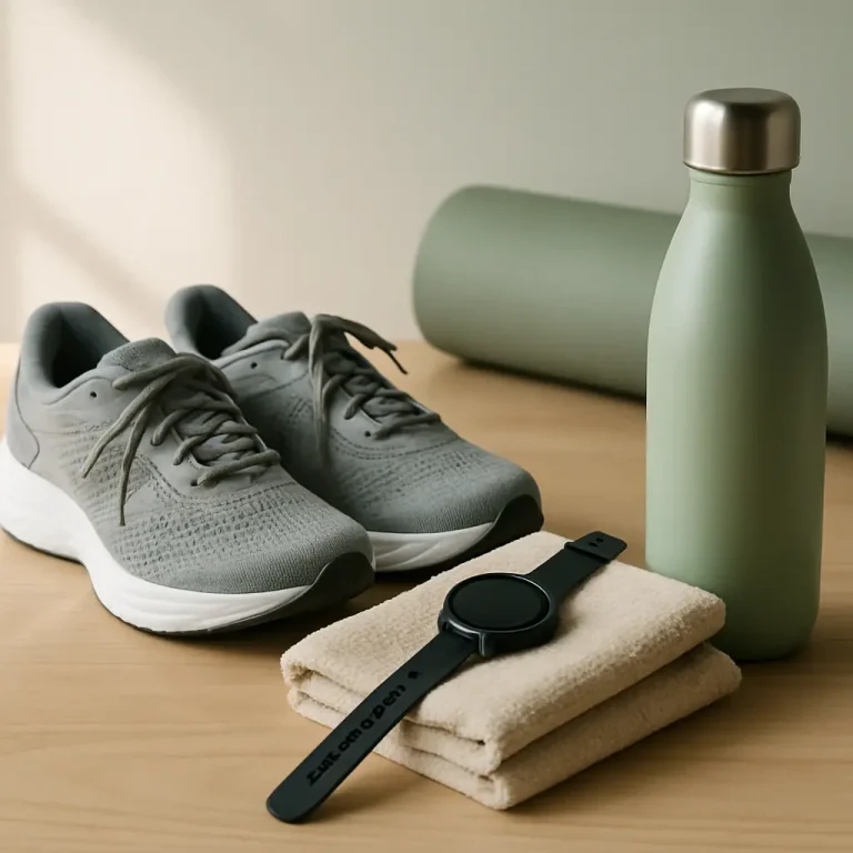 Gray running shoes, a rolled green yoga mat, a green water bottle, a fitness watch, and beige towels on a wooden surface, representing fitness and wellness essentials.