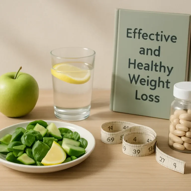 Healthy lifestyle setup with green apple, spinach salad, water with lemon, weight loss book, measuring tape, and vitamin supplements on a wooden table, promoting wellness and fitness.