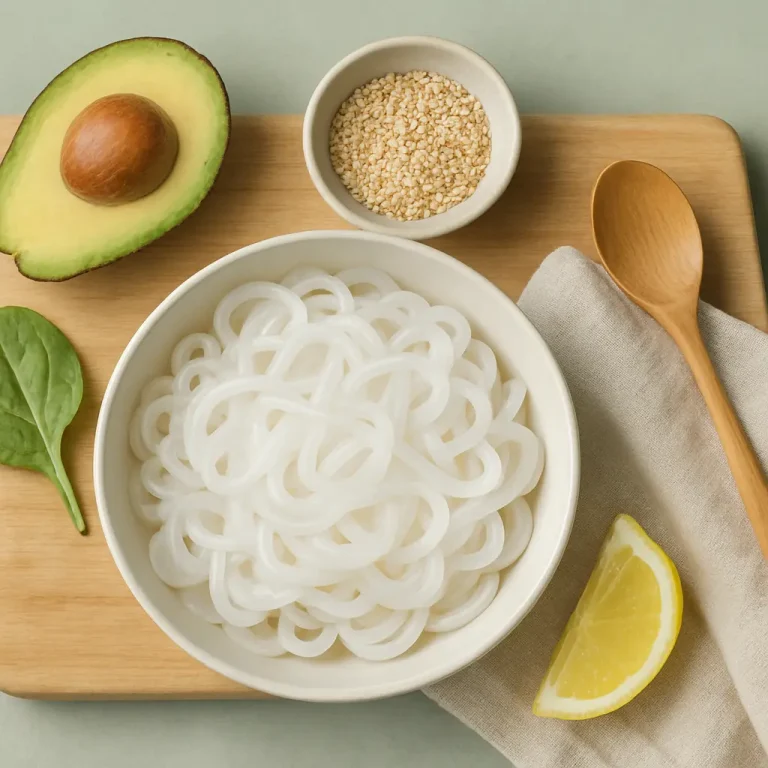 Healthy meal ingredients including shirataki noodles, avocado, spinach leaf, sesame seeds, and a lemon wedge on a wooden board, promoting vitamins, fitness, wellness, and healthy eating.