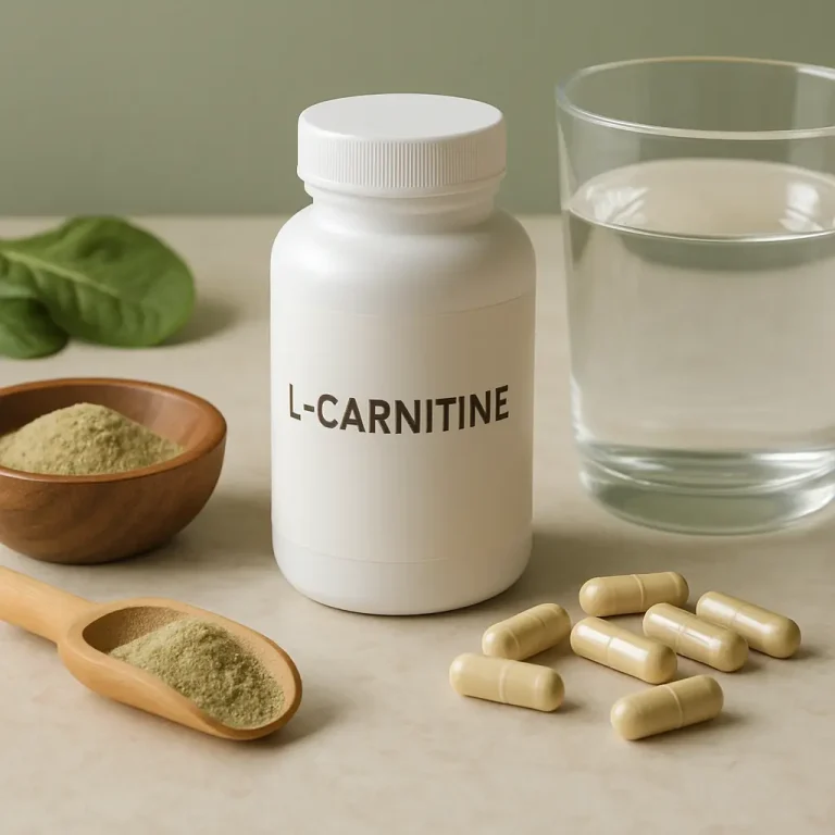 L-Carnitine supplement bottle next to powdered supplement in a wooden scoop and bowl, with capsules and a glass of water, emphasizing fitness, wellness, and healthy eating.