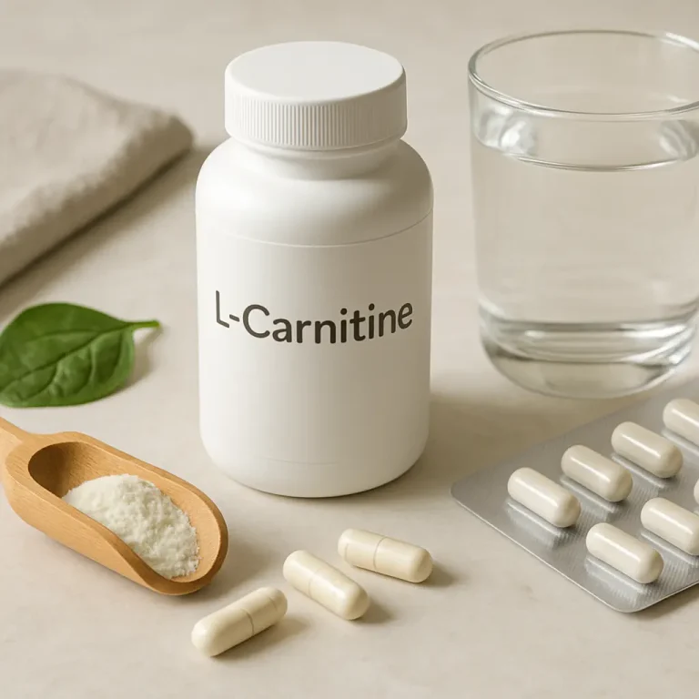Bottle labeled 'L-Carnitine' beside capsules, a wooden spoon with powder, a glass of water, and a green leaf, symbolizing fitness and wellness supplements.