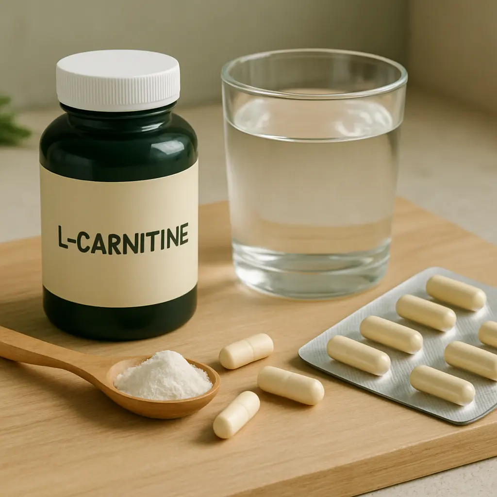 L-carnitine supplement bottle, capsules, a powder-filled spoon, and a glass of water on a wooden surface, promoting fitness, wellness, and healthy eating.