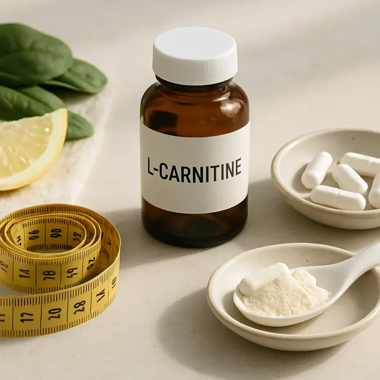 L-Carnitine supplement bottle with capsules, a spoon of powdered vitamin, spinach, a lemon slice, and measuring tape for fitness and wellness.