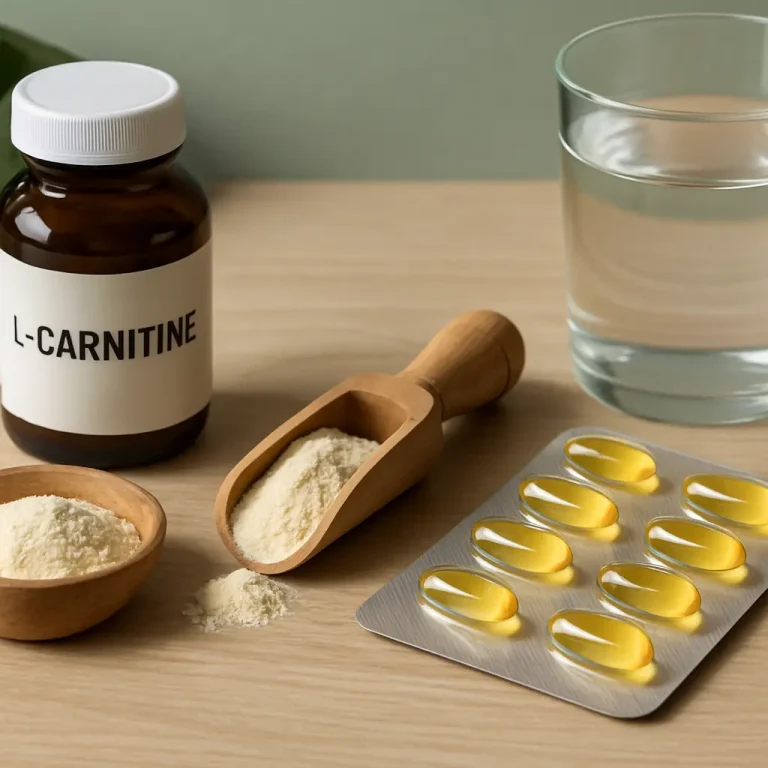 L-Carnitine supplement setup with a bottle, powder in a scoop, capsules, and a glass of water, promoting fitness and wellness.