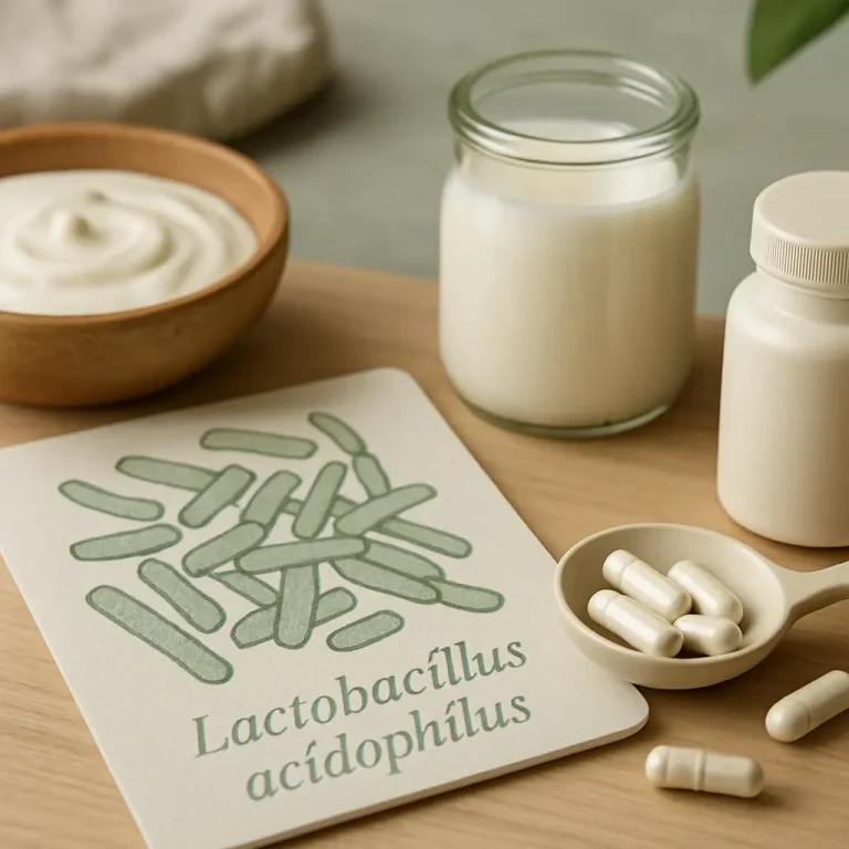 A display of Lactobacillus acidophilus supplements, yogurt, and probiotic capsules, emphasizing gut health, wellness, and natural supplements for healthy eating.