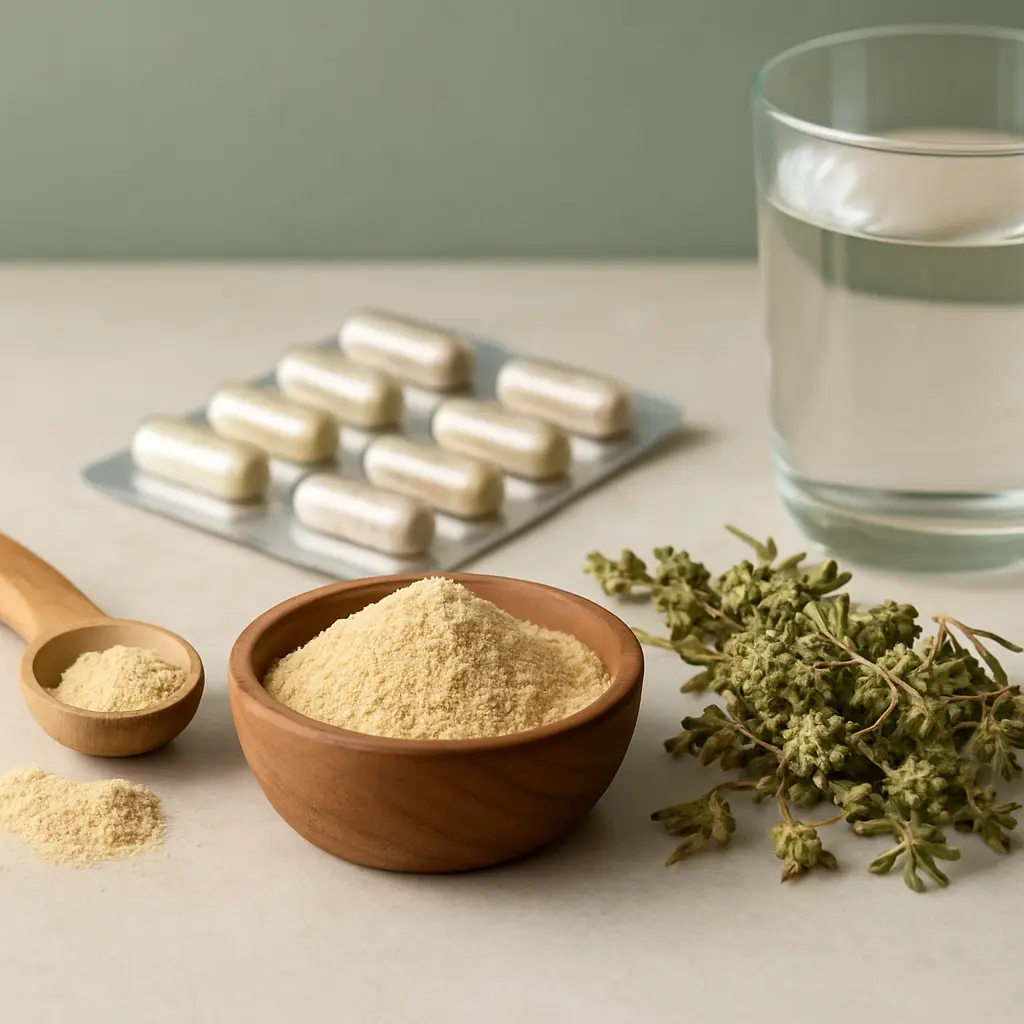 Wooden bowls of powdered supplements, herbal greens, a blister pack of capsules, and a glass of water symbolize health, wellness, vitamins, fitness, and healthy eating.
