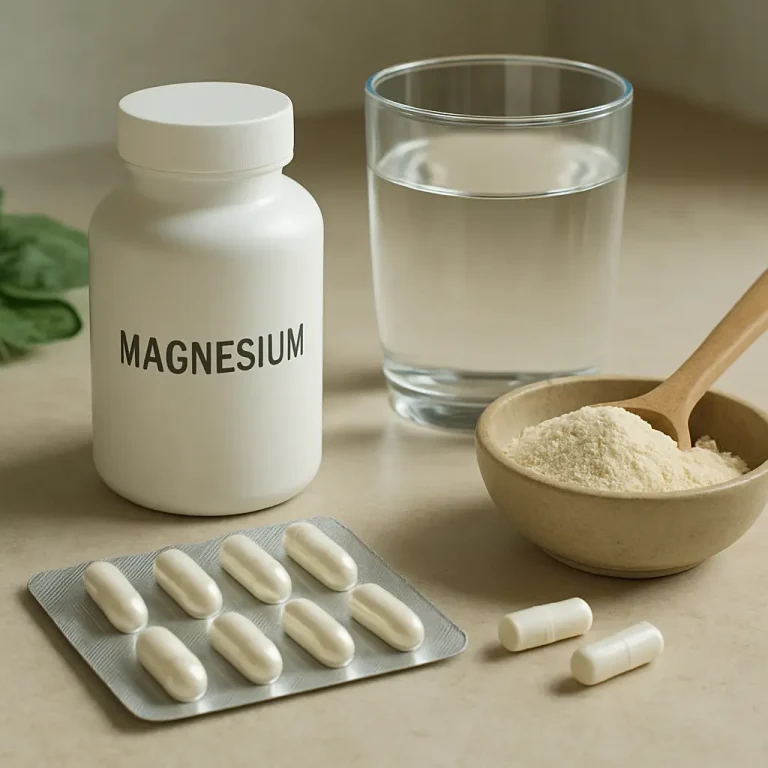 Magnesium supplement bottle with capsules, a bowl of powder, and a glass of water, highlighting wellness and healthy eating benefits.