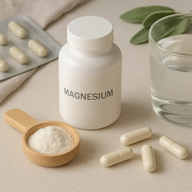 Magnesium supplement bottle with capsules, scoop of powder, and a glass of water, highlighting vitamins, wellness, and healthy eating.
