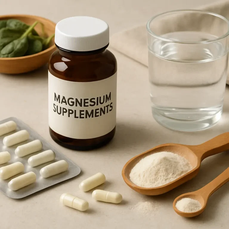 Bottle of magnesium supplements with capsules, wooden spoons of powder, a glass of water, and spinach leaves, emphasizing wellness and fitness benefits of vitamins and supplements.