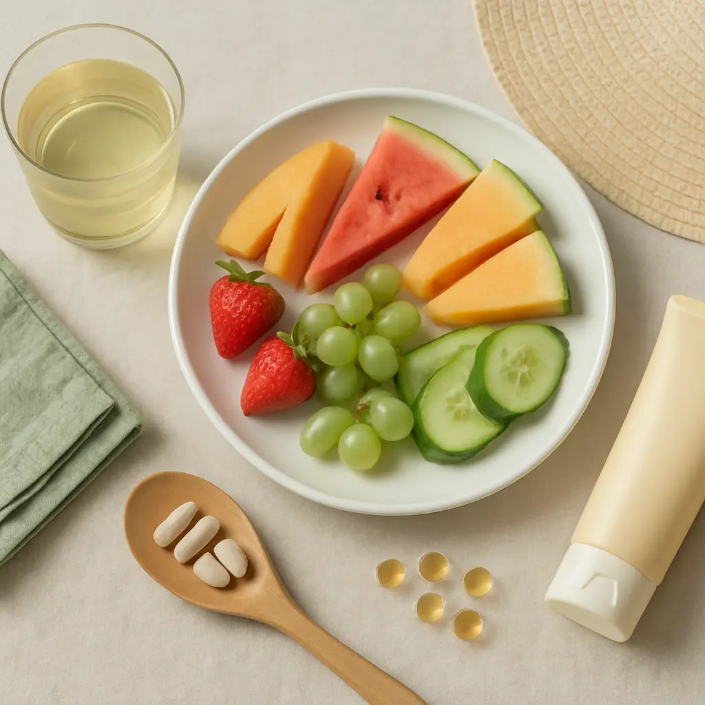 Healthy plate featuring fresh fruits and vegetables like strawberries, grapes, watermelon, cantaloupe, and cucumber, alongside a glass of juice, vitamins, and supplements on a table, promoting wellness and balanced diet.