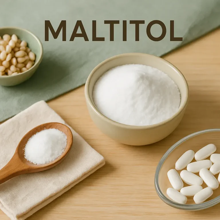 Bowl of maltitol powder, a wooden spoon with the same, and white tablets on a table, emphasizing low-calorie sugar alternatives for healthy eating and wellness.