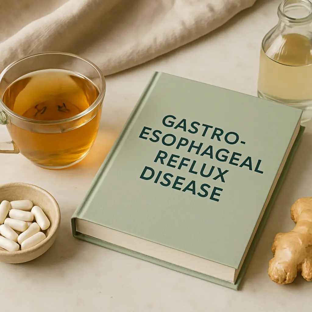 A book on Gastroesophageal Reflux Disease is surrounded by herbal tea, supplements, ginger, and apple cider vinegar, highlighting wellness, healthy eating, and natural remedies.