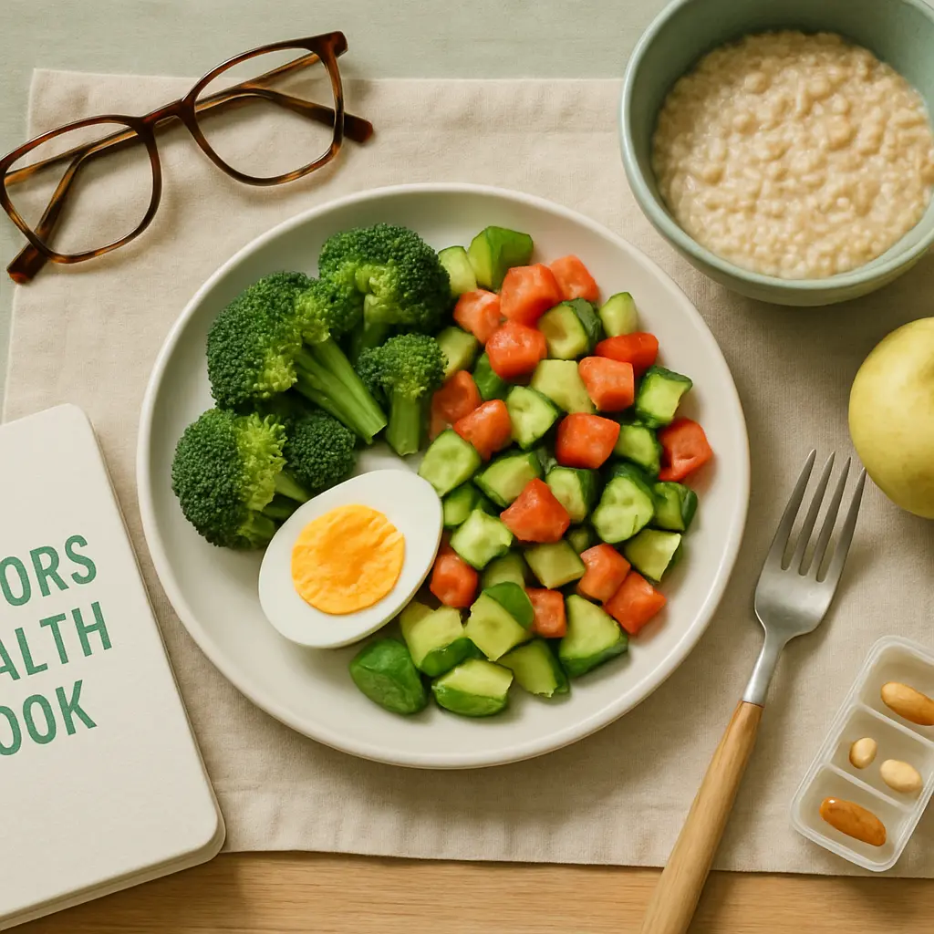 Healthy meal with broccoli, cucumber, tomato salad, and a boiled egg, alongside a bowl of oatmeal, an apple, supplements, and a health book, promoting fitness and wellness.