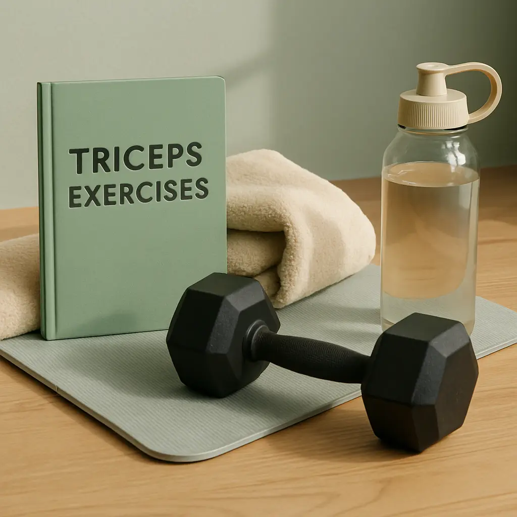 Fitness setup with a triceps exercise book, dumbbell, towel, and water bottle on a mat, promoting wellness, exercise, and healthy lifestyle.