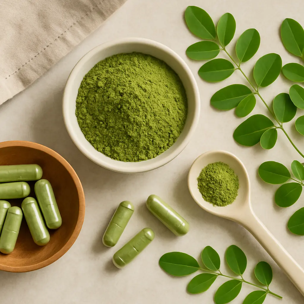 Moringa supplements and powder displayed with fresh moringa leaves, emphasizing health, wellness, and nutrition benefits.