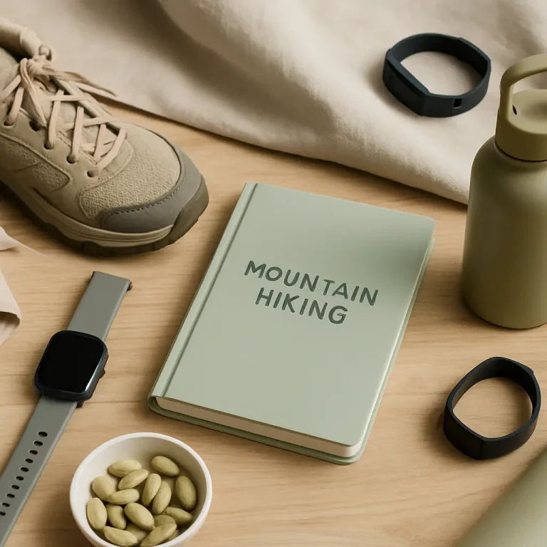 Flat lay of hiking gear including a mountain hiking book, fitness watch, supplements bowl, hiking boot, and water bottle on a wooden surface, promoting wellness, fitness, and healthy eating.