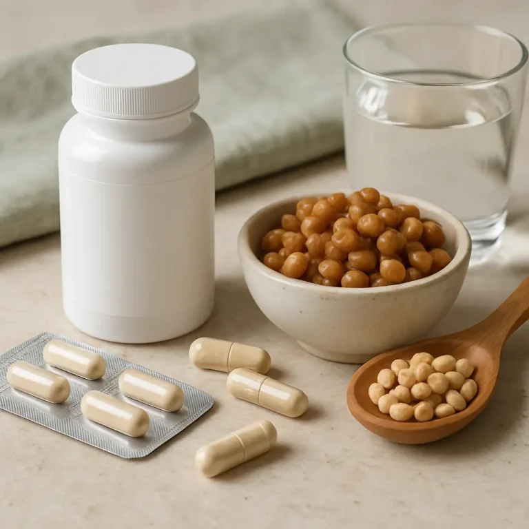 Assorted wellness items including a bottle of vitamins, capsules, chickpeas, and a glass of water emphasizing healthy eating and supplements.