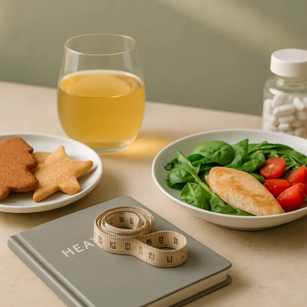A glass of juice, vitamins supplements, a spinach and tomato salad with grilled chicken, cookies, and a rolled-up measuring tape on a table, symbolizing healthy eating, fitness, and wellness.