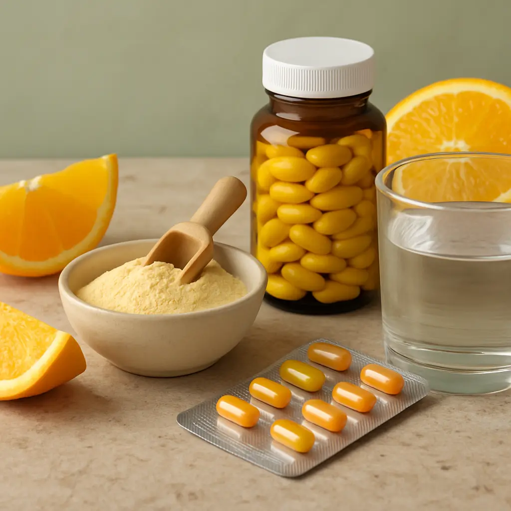 A collection of wellness and fitness supplements, including a jar of yellow capsules, a scoop of supplement powder in a bowl, slices of fresh orange for healthy eating, and a glass of water, emphasizing vitamins and nutrition.