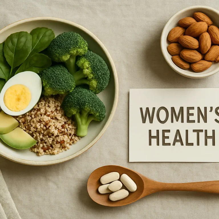 Healthy women's nutrition with broccoli, spinach, quinoa, boiled egg, avocado, almonds, and vitamins promoting wellness.