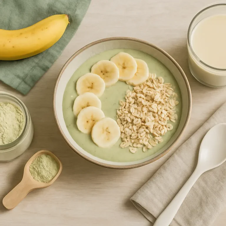 A nutritious smoothie bowl topped with banana slices and oats, accompanied by a banana, a glass of milk, and a jar of green powder, suitable for a vitamin-rich, healthy diet and wellness routine.