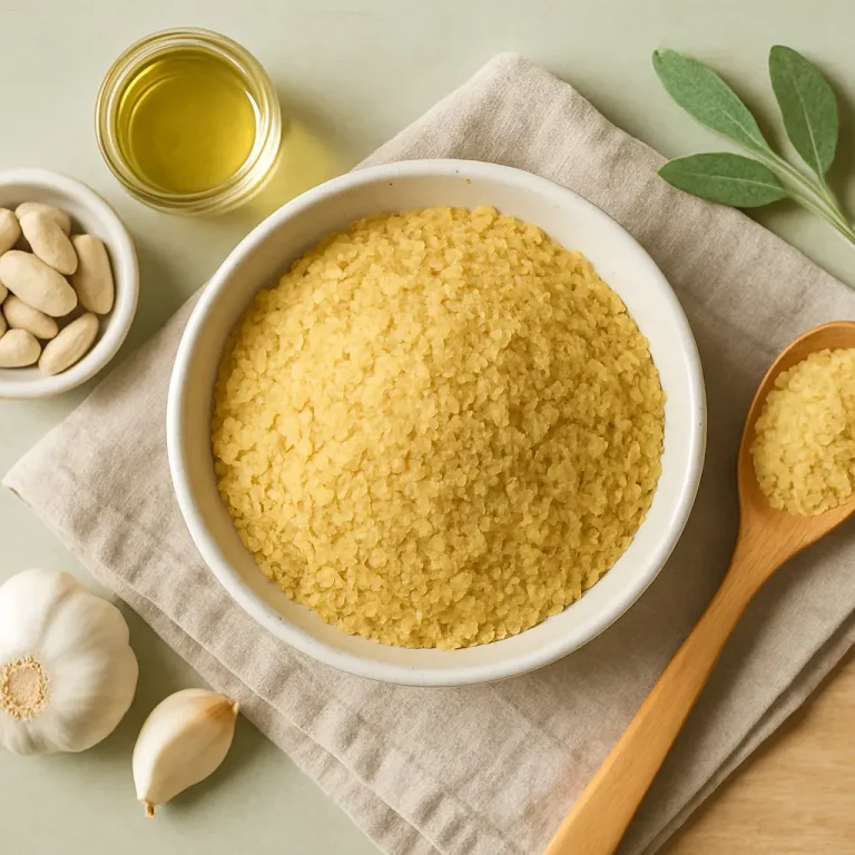 Bowl of nutritional yeast with garlic, almonds, olive oil, and sage, highlighting vitamin-rich, plant-based ingredients for healthy eating and wellness.