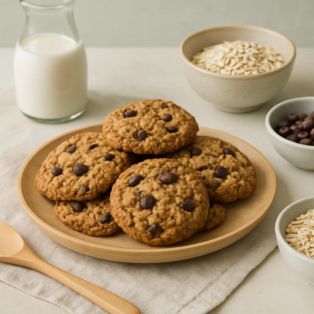 Plate of oatmeal chocolate chip cookies with a bottle of milk and bowls of oats and chocolate, emphasizing healthy snacks and nutrition.