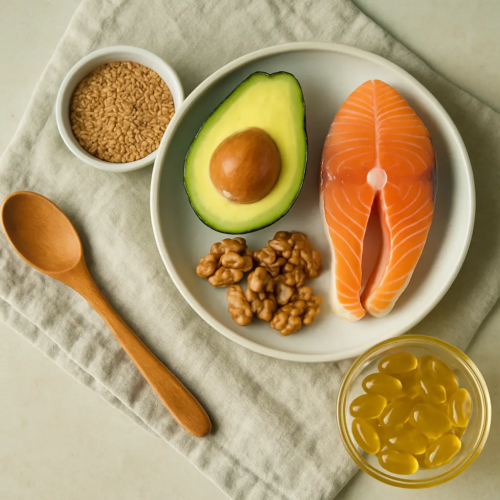 Plate with salmon rich in omega-3, avocado with healthy fats, walnuts for brain health, flaxseeds for fiber, and a bowl of vitamin supplements, highlighting nutrition and wellness.
