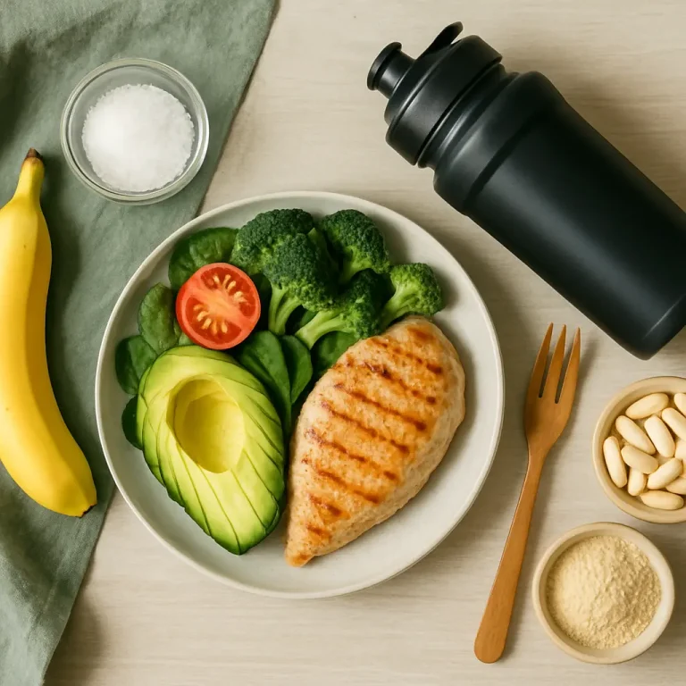 Grilled chicken with avocado, broccoli, spinach, and a tomato slice on a plate, accompanied by a banana, shaker bottle, and bowls of supplement tablets and protein powder, emphasizing healthy eating and fitness nutrition.