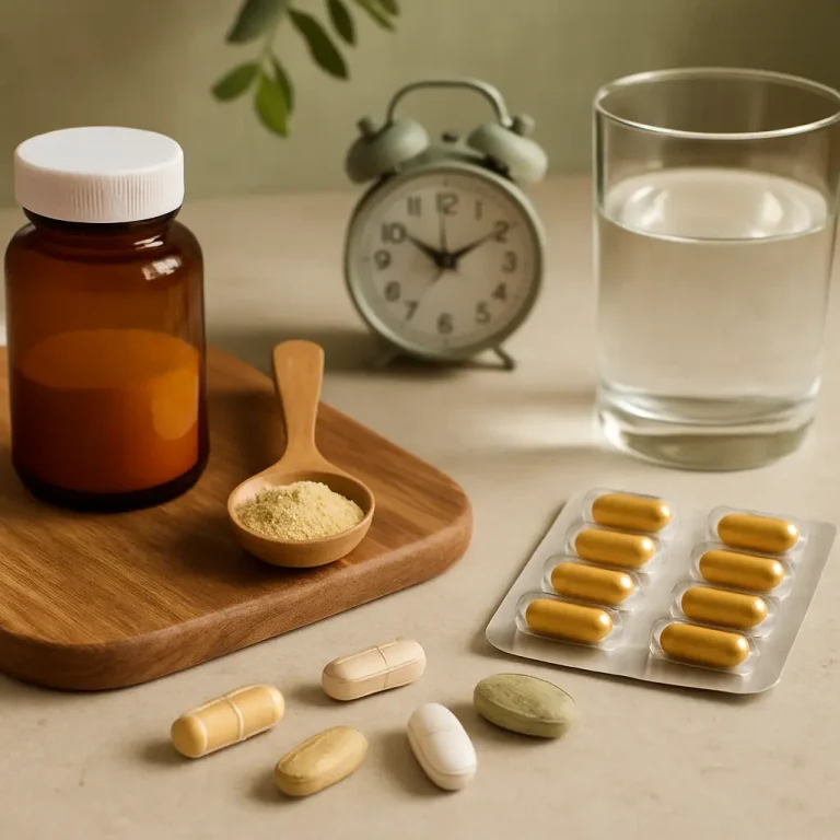 Assorted vitamins and supplements, including capsules and powdered supplements, are displayed on a table next to a glass of water and an alarm clock, emphasizing a wellness and health-conscious lifestyle.
