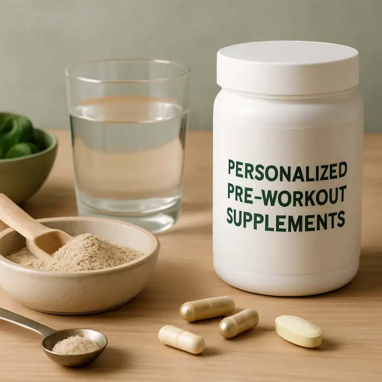 Personalized pre-workout supplement container with protein powder, capsules, and a glass of water, emphasizing fitness, wellness, and healthy eating.