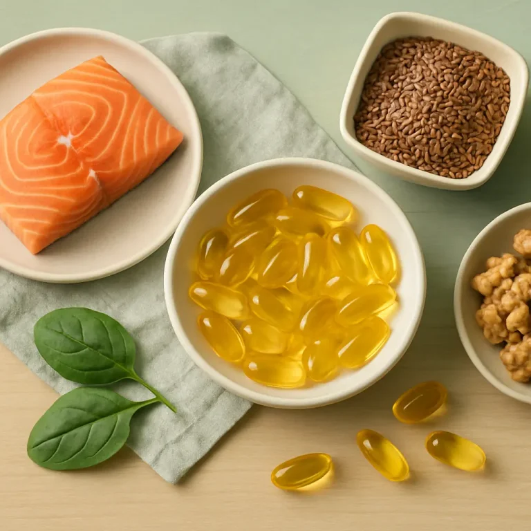 Healthy eating with salmon, flaxseeds, walnuts, spinach, and omega-3 supplements, highlighting nutrition, vitamins, and wellness.