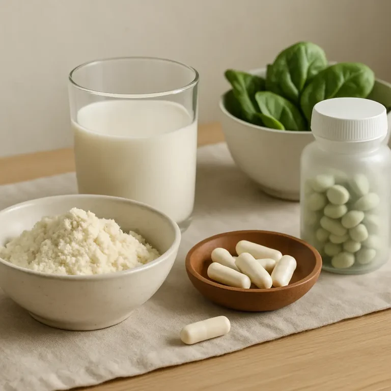 Selection of health and wellness items including a bowl of protein powder, a glass of milk, a bottle of vitamin supplements, and a bowl of fresh spinach leaves, promoting fitness, nutrition, and healthy eating.