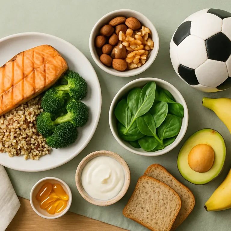 A healthy eating layout featuring salmon, quinoa, broccoli, nuts, spinach, avocado, banana, yogurt, slices of bread, and vitamin supplements, emphasizing nutrition, fitness, and wellness.