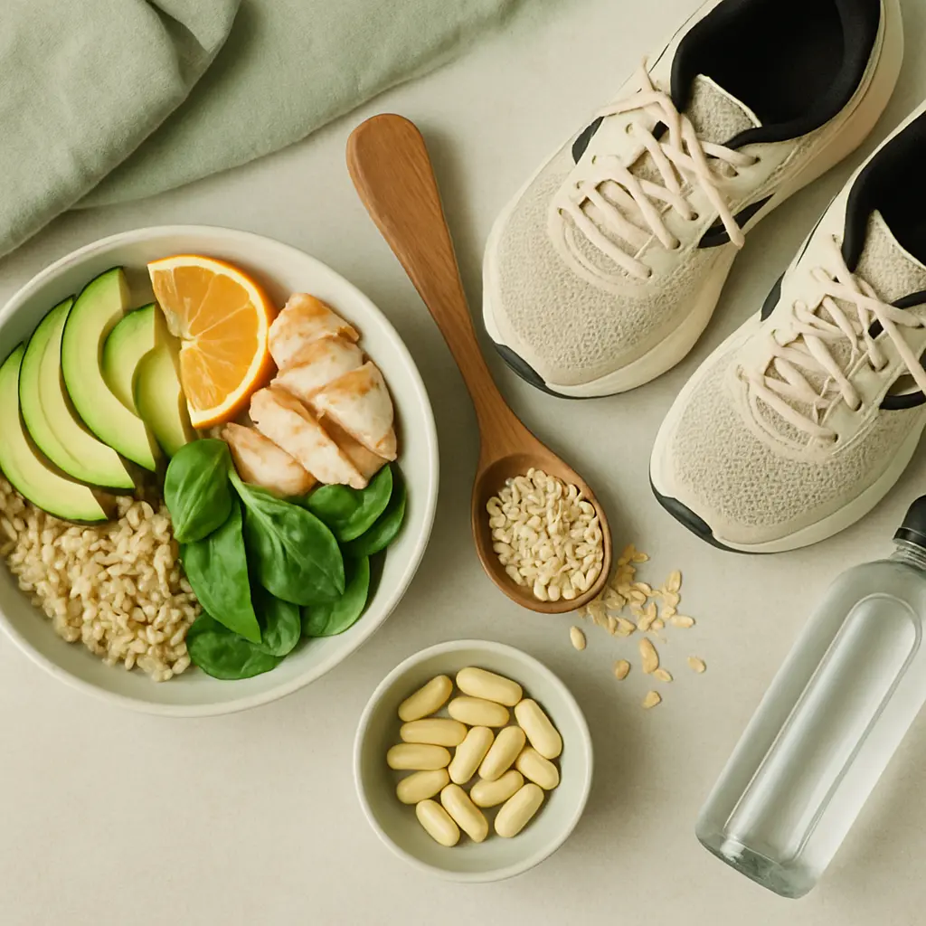 Healthy lifestyle concept with a bowl of chicken, avocado, spinach, brown rice, and orange for balanced nutrition, alongside vitamin supplements, athletic shoes, and a water bottle for fitness and wellness.